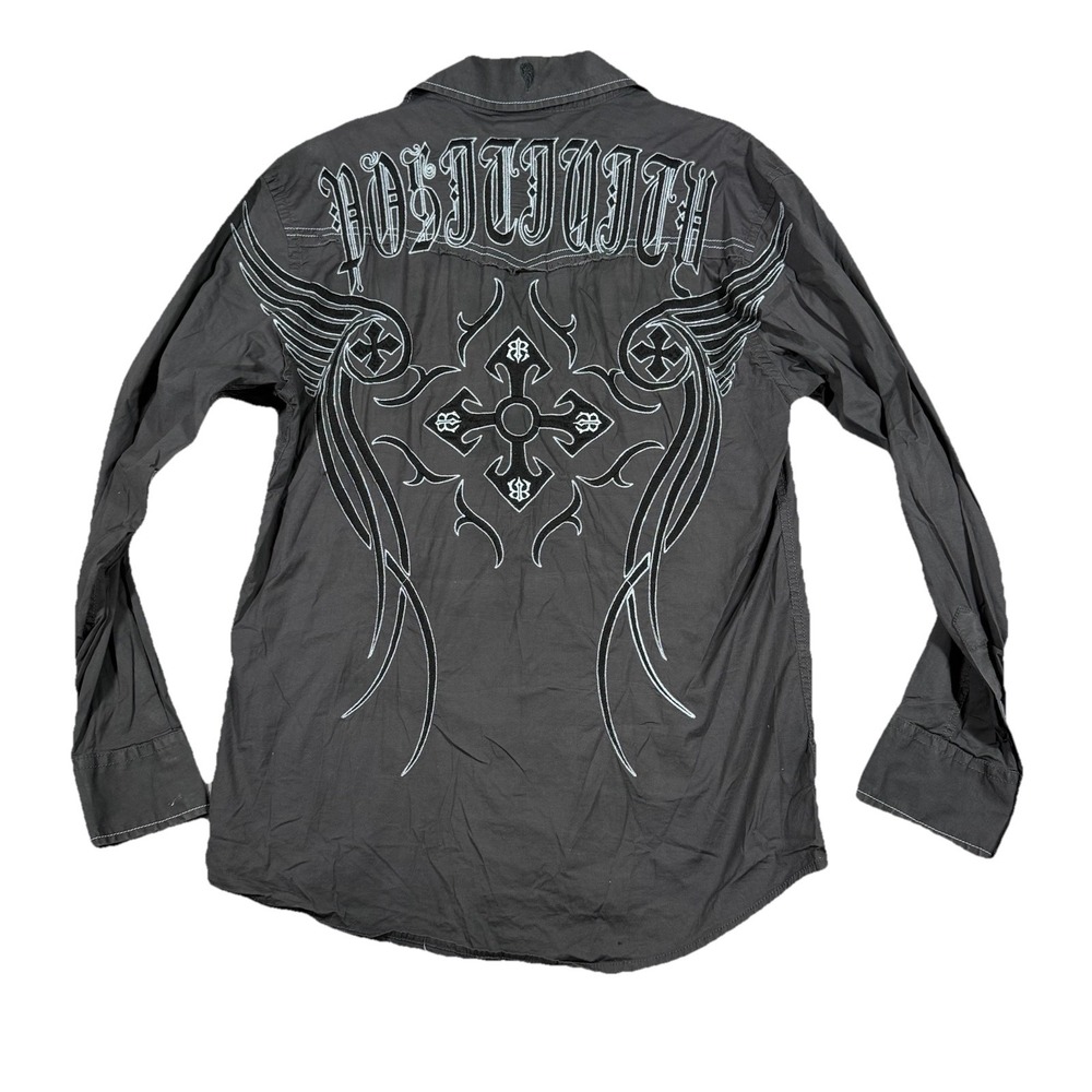 Roar Embroidered Button Up Shirt Men's M Long Sleeve Stretch Black, Retro‎ Y2K